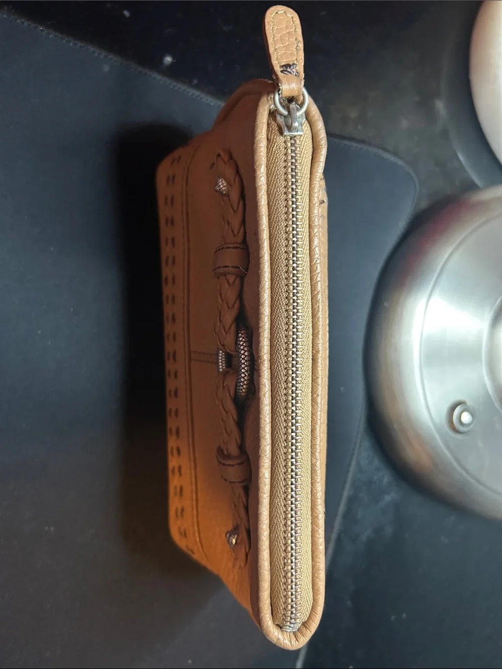 Brighton Tan Braided Accent Leather Cosmetic Pouch